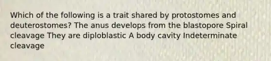 Which of the following is a trait shared by protostomes and deuterostomes? The anus develops from the blastopore Spiral cleavage They are diploblastic A body cavity Indeterminate cleavage