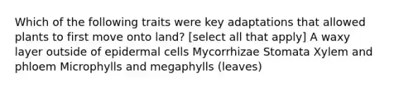 Which of the following traits were key adaptations that allowed plants to first move onto land? [select all that apply] A waxy layer outside of epidermal cells Mycorrhizae Stomata Xylem and phloem Microphylls and megaphylls (leaves)