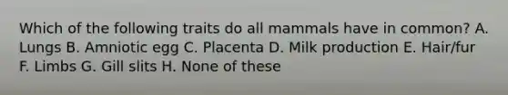 Which of the following traits do all mammals have in common? A. Lungs B. Amniotic egg C. Placenta D. Milk production E. Hair/fur F. Limbs G. Gill slits H. None of these