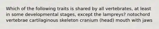 Which of the following traits is shared by all vertebrates, at least in some developmental stages, except the lampreys? notochord vertebrae cartilaginous skeleton cranium (head) mouth with jaws