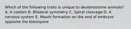 Which of the following traits is unique to deuterostome animals? A. A coelom B. Bilateral symmetry C. Spiral cleavage D. A <a href='https://www.questionai.com/knowledge/kThdVqrsqy-nervous-system' class='anchor-knowledge'>nervous system</a> E. Mouth formation on the end of embryos opposite the blastopore