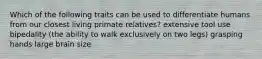 Which of the following traits can be used to differentiate humans from our closest living primate relatives? extensive tool use bipedality (the ability to walk exclusively on two legs) grasping hands large brain size