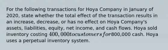 For the following transactions for Hoya Company in January of 2020, state whether the total effect of the transaction results in an increase, decrease, or has no effect on Hoya Company's assets, liabilities, equity, net income, and cash flows. Hoya sold inventory costing 400,000 to customers for800,000 cash. Hoya uses a perpetual inventory system.