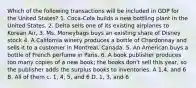 Which of the following transactions will be included in GDP for the United States? 1. Coca-Cola builds a new bottling plant in the United States. 2. Delta sells one of its existing airplanes to Korean Air, 3. Ms. Moneybags buys an existing share of Disney stock 4. A Califomia winery produces a bottle of Chardonnay and sells it to a customer in Montreal, Canada. 5. An American buys a bottle of French perfume in Paris. 6. A book publisher produces too many copies of a new book; the books don't sell this year, so the publisher adds the surplus books to inventories. A 1,4, and 6 B. All of them c. 1, 4, 5, and 6 D. 1, 3, and 6