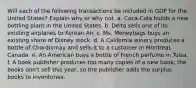 Will each of the following transactions be included in GDP for the United States? Explain why or why not. a. Coca-Cola builds a new bottling plant in the United States. b. Delta sells one of its existing airplanes to Korean Air. c. Ms. Moneybags buys an existing share of Disney stock. d. A California winery produces a bottle of Chardonnay and sells it to a customer in Montreal, Canada. e. An American buys a bottle of French perfume in Tulsa. f. A book publisher produces too many copies of a new book; the books don't sell this year, so the publisher adds the surplus books to inventories.