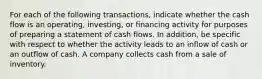 For each of the following transactions, indicate whether the cash flow is an operating, investing, or financing activity for purposes of preparing a statement of cash flows. In addition, be specific with respect to whether the activity leads to an inflow of cash or an outflow of cash. A company collects cash from a sale of inventory.