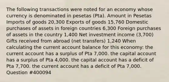 The following transactions were noted for an economy whose currency is denominated in pesetas (Pta). Amount in Pesetas Imports of goods 20,300 Exports of goods 15,760 Domestic purchases of assets in foreign countries 6,300 Foreign purchases of assets in the country 1,400 Net investment income (3,700) Gifts received from abroad (net transfers) 1,240 When calculating the current account balance for this economy: the current account has a surplus of Pta 7,000. the capital account has a surplus of Pta 4,000. the capital account has a deficit of Pta 7,700. the current account has a deficit of Pta 7,000. Question #400094