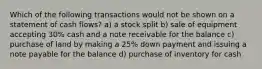 Which of the following transactions would not be shown on a statement of cash flows? a) a stock split b) sale of equipment accepting 30% cash and a note receivable for the balance c) purchase of land by making a 25% down payment and issuing a note payable for the balance d) purchase of inventory for cash