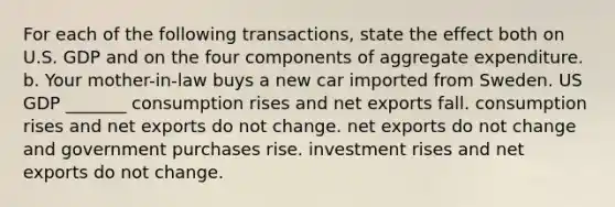 For each of the following transactions, state the effect both on U.S. GDP and on the four components of aggregate expenditure. b. Your mother-in-law buys a new car imported from Sweden. US GDP _______ consumption rises and net exports fall. consumption rises and net exports do not change. net exports do not change and government purchases rise. investment rises and net exports do not change.