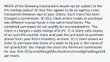 Which of the following transactions would not be subject to the 5% markup policy? A) Your firm agrees to do an agency cross-transaction between two of your clients. Each client has been charged a commission. B) Your client enters trades to purchase two different mutual funds in the same fund family. The combined purchases do not qualify for any breakpoints. The client is charged a sales charge of 6.5%. C) A client sells shares of an over-the-counter stock and uses the proceeds to purchase shares from your firm's inventory account. D) A client enters an order to purchase one share of a stock to be put in the name of her grandchild. You charge the client the minimum commission for your firm (15) even though the stock is currently trading at26 per share.