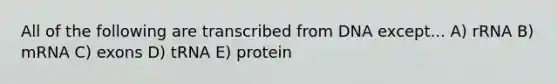 All of the following are transcribed from DNA except... A) rRNA B) mRNA C) exons D) tRNA E) protein