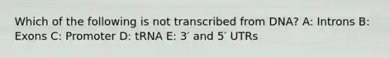 Which of the following is not transcribed from DNA? A: Introns B: Exons C: Promoter D: tRNA E: 3′ and 5′ UTRs