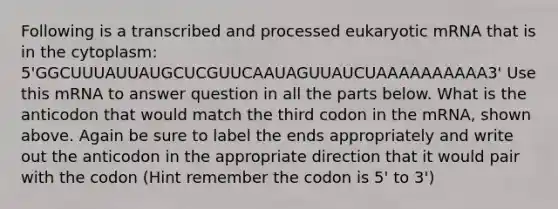 Following is a transcribed and processed eukaryotic mRNA that is in the cytoplasm: 5'GGCUUUAUUAUGCUCGUUCAAUAGUUAUCUAAAAAAAAAA3' Use this mRNA to answer question in all the parts below. What is the anticodon that would match the third codon in the mRNA, shown above. Again be sure to label the ends appropriately and write out the anticodon in the appropriate direction that it would pair with the codon (Hint remember the codon is 5' to 3')