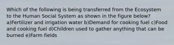 Which of the following is being transferred from the Ecosystem to the Human Social System as shown in the figure below? a)Fertilizer and irrigation water b)Demand for cooking fuel c)Food and cooking fuel d)Children used to gather anything that can be burned e)Farm fields