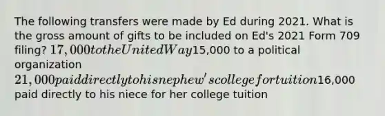 The following transfers were made by Ed during 2021. What is the gross amount of gifts to be included on Ed's 2021 Form 709 filing? 17,000 to the United Way15,000 to a political organization 21,000 paid directly to his nephew's college for tuition16,000 paid directly to his niece for her college tuition