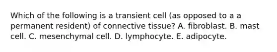 Which of the following is a transient cell (as opposed to a a permanent resident) of connective tissue? A. fibroblast. B. mast cell. C. mesenchymal cell. D. lymphocyte. E. adipocyte.