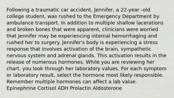 Following a traumatic car accident, Jennifer, a 22-year -old college student, was rushed to the Emergency Department by ambulance transport. In addition to multiple shallow lacerations and broken bones that were apparent, clinicians were worried that Jennifer may be experiencing internal hemorrhaging and rushed her to surgery. Jennifer's body is experiencing a stress response that involves activation of the brain, sympathetic nervous system and adrenal glands. This activation results in the release of numerous hormones. While you are reviewing her chart, you look through her laboratory values. For each symptom or laboratory result, select the hormone most likely responsible. Remember multiple hormones can affect a lab value. Epinephrine Cortisol ADH Prolactin Aldosterone