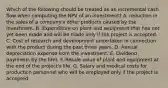 Which of the following should be treated as an incremental cash flow when computing the NPV of an investment? A. reduction in the sales of a company's other products caused by the investment. B. Expenditure on plant and equipment that has not yet been made and will be made only if the project is accepted. C. Cost of research and development undertaken in connection with the product during the past three years. D. Annual depreciation expense from the investment. E. Dividend payments by the firm. F. Resale value of plant and equipment at the end of the project's life. G. Salary and medical costs for production personnel who will be employed only if the project is accepted.