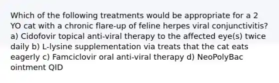 Which of the following treatments would be appropriate for a 2 YO cat with a chronic flare-up of feline herpes viral conjunctivitis? a) Cidofovir topical anti-viral therapy to the affected eye(s) twice daily b) L-lysine supplementation via treats that the cat eats eagerly c) Famciclovir oral anti-viral therapy d) NeoPolyBac ointment QID