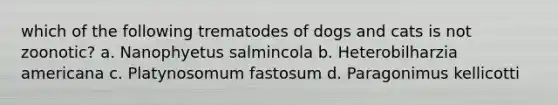 which of the following trematodes of dogs and cats is not zoonotic? a. Nanophyetus salmincola b. Heterobilharzia americana c. Platynosomum fastosum d. Paragonimus kellicotti