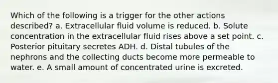 Which of the following is a trigger for the other actions described? a. Extracellular fluid volume is reduced. b. Solute concentration in the extracellular fluid rises above a set point. c. Posterior pituitary secretes ADH. d. Distal tubules of the nephrons and the collecting ducts become more permeable to water. e. A small amount of concentrated urine is excreted.