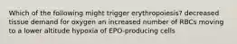 Which of the following might trigger erythropoiesis? decreased tissue demand for oxygen an increased number of RBCs moving to a lower altitude hypoxia of EPO-producing cells