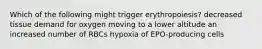 Which of the following might trigger erythropoiesis? decreased tissue demand for oxygen moving to a lower altitude an increased number of RBCs hypoxia of EPO-producing cells