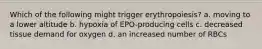 Which of the following might trigger erythropoiesis? a. moving to a lower altitude b. hypoxia of EPO-producing cells c. decreased tissue demand for oxygen d. an increased number of RBCs