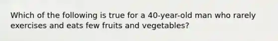 Which of the following is true for a 40-year-old man who rarely exercises and eats few fruits and vegetables?