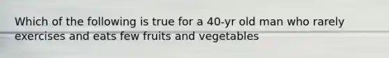 Which of the following is true for a 40-yr old man who rarely exercises and eats few fruits and vegetables