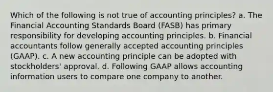 Which of the following is not true of accounting principles? a. The Financial Accounting Standards Board (FASB) has primary responsibility for developing accounting principles. b. Financial accountants follow <a href='https://www.questionai.com/knowledge/kwjD9YtMH2-generally-accepted-accounting-principles' class='anchor-knowledge'>generally accepted accounting principles</a> (GAAP). c. A new accounting principle can be adopted with stockholders' approval. d. Following GAAP allows accounting information users to compare one company to another.