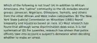 Which of the following is not true? (A) In addition to African Americans, the "Latino" community in the US includes several groups: Jamaican, Nigerians, Ethiopians, Somalis, and others from the other African and West Indies nationalities (B) The New York State Judicial Commission on Minorities (1991) found inequality and injustices based on race. (C) Most research has found that although some discrimination does exist, it is not systematical (D) For juveniles, research has shown that police officers take into account a suspect's demeanor when deciding whether to make an arrest.