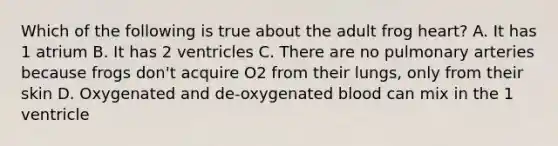 Which of the following is true about the adult frog heart? A. It has 1 atrium B. It has 2 ventricles C. There are no pulmonary arteries because frogs don't acquire O2 from their lungs, only from their skin D. Oxygenated and de-oxygenated blood can mix in the 1 ventricle