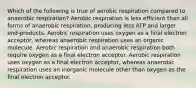 Which of the following is true of aerobic respiration compared to anaerobic respiration? Aerobic respiration is less efficient than all forms of anaerobic respiration, producing less ATP and larger end-products. Aerobic respiration uses oxygen as a final electron acceptor, whereas anaerobic respiration uses an organic molecule. Aerobic respiration and anaerobic respiration both require oxygen as a final electron acceptor. Aerobic respiration uses oxygen as a final electron acceptor, whereas anaerobic respiration uses an inorganic molecule other than oxygen as the final electron acceptor.