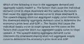 Which of the following is true in the aggregate demand and aggregate supply model? a. The factors that cause the individual demand curve to slope downward are the same as the factors that cause the aggregate demand curve to slope downward. b. The upward-sloping short-run aggregate supply curve intersects the downward-sloping aggregate demand curve to determine the economy's price level and GDP. c. The factors that cause the individual supply curve to slope upward are the same as the factors that cause the short-run aggregate supply curve to slope upward. d. The upward-sloping aggregate demand curve intersects the downward-sloping short-run aggregate supply curve to determine the economy's price level and GDP.