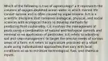 Which of the following is true of agroecology? a.It represents the columns of oxygen-depleted ocean water in which marine life cannot survive and is often caused by algae blooms. b.It is a scientific discipline that combines biological, physical, and social sciences with ecological theory to develop methods for producing food sustainably. c.It involves the management of pests using a combination of natural and biological controls and minimal or no application of pesticides. d.It refers to adjusting soil and crop management to target the precise needs of various areas of a farm. e.It refers to agriculture practiced on a small scale using individualized approaches that vary with local conditions so as to minimize technological, fuel, and chemical inputs.