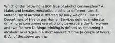 Which of the following is NOT true of alcohol consumption? A. Males and females metabolize alcohol at different rates B. Metabolism of alcohol is affected by body weight C. The US Department of Health and Human Services defines moderate drinking as consuming one alcoholic beverage a day for women and two for men D. Binge drinking is defined as consuming 5 alcoholic beverages in a short amount of time (a couple of hours) E. All of the above are true