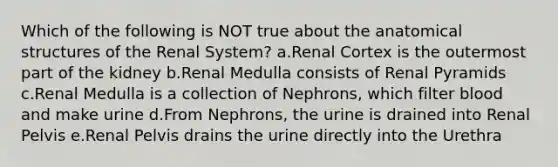 Which of the following is NOT true about the anatomical structures of the Renal System? a.Renal Cortex is the outermost part of the kidney b.Renal Medulla consists of Renal Pyramids c.Renal Medulla is a collection of Nephrons, which filter blood and make urine d.From Nephrons, the urine is drained into Renal Pelvis e.Renal Pelvis drains the urine directly into the Urethra