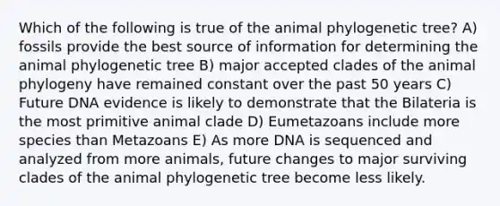 Which of the following is true of the animal phylogenetic tree? A) fossils provide the best source of information for determining the animal phylogenetic tree B) major accepted clades of the animal phylogeny have remained constant over the past 50 years C) Future DNA evidence is likely to demonstrate that the Bilateria is the most primitive animal clade D) Eumetazoans include more species than Metazoans E) As more DNA is sequenced and analyzed from more animals, future changes to major surviving clades of the animal phylogenetic tree become less likely.