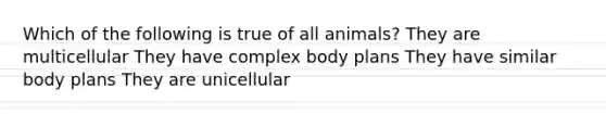 Which of the following is true of all animals? They are multicellular They have complex body plans They have similar body plans They are unicellular