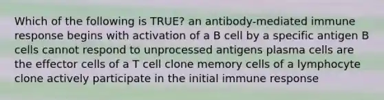 Which of the following is TRUE? an antibody-mediated immune response begins with activation of a B cell by a specific antigen B cells cannot respond to unprocessed antigens plasma cells are the effector cells of a T cell clone memory cells of a lymphocyte clone actively participate in the initial immune response