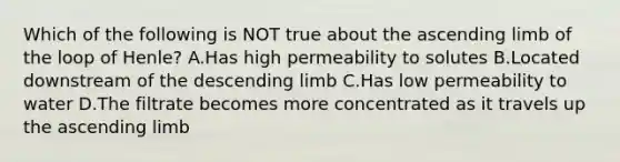 Which of the following is NOT true about the ascending limb of the loop of Henle? A.Has high permeability to solutes B.Located downstream of the descending limb C.Has low permeability to water D.The filtrate becomes more concentrated as it travels up the ascending limb