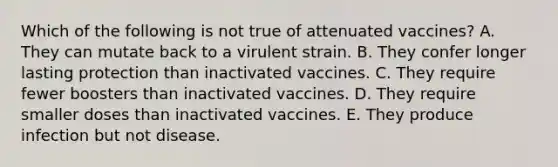 Which of the following is not true of attenuated vaccines? A. They can mutate back to a virulent strain. B. They confer longer lasting protection than inactivated vaccines. C. They require fewer boosters than inactivated vaccines. D. They require smaller doses than inactivated vaccines. E. They produce infection but not disease.