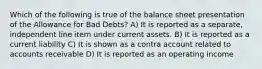 Which of the following is true of the balance sheet presentation of the Allowance for Bad Debts? A) It is reported as a separate, independent line item under current assets. B) It is reported as a current liability C) It is shown as a contra account related to accounts receivable D) It is reported as an operating income