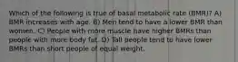 Which of the following is true of basal metabolic rate (BMR)? A) BMR increases with age. B) Men tend to have a lower BMR than women. C) People with more muscle have higher BMRs than people with more body fat. D) Tall people tend to have lower BMRs than short people of equal weight.