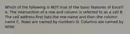 Which of the following is NOT true of the basic features of Excel? A. The intersection of a row and column is referred to as a cell B. The cell address first lists the row name and then the column name C. Rows are named by numbers D. Columns are named by letter