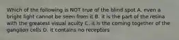 Which of the following is NOT true of the blind spot A. even a bright light cannot be seen from it B. it is the part of the retina with the greatest visual acuity C. it is the coming together of the ganglion cells D. it contains no receptors