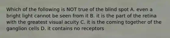 Which of the following is NOT true of the blind spot A. even a bright light cannot be seen from it B. it is the part of the retina with the greatest visual acuity C. it is the coming together of the ganglion cells D. it contains no receptors