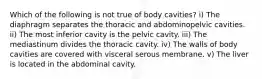 Which of the following is not true of body cavities? i) The diaphragm separates the thoracic and abdominopelvic cavities. ii) The most inferior cavity is the pelvic cavity. iii) The mediastinum divides the thoracic cavity. iv) The walls of body cavities are covered with visceral serous membrane. v) The liver is located in the abdominal cavity.