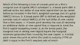 Which of the following is true of a break point on a firm's marginal cost of capital (MCC) schedule? a. A break point (BP) is defined as the last dollar of new total capital that can be raised before an increase in the firm's weighted average cost of capital (WACC) occurs. b. A break point (BP) is defined as the weighted average cost of capital (WACC) of the last dollar of new capital that a firm raises. c. A break point denotes the cost of obtaining an additional dollar of new capital that is required to meet the firm's capital budgeting needs. d. At the break point, the marginal cost of raising new capital equals the marginal revenues generated from investing the new capital. e. A break point shows the point at which the yield to maturity (YTM) on debt is equal to the firm's required rate of return